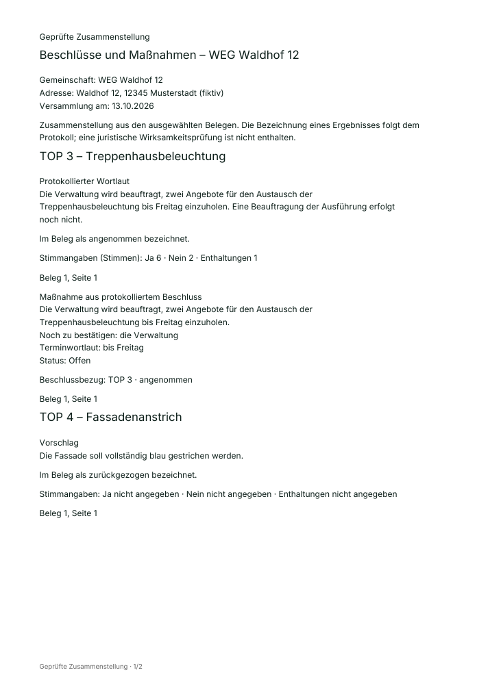 Echte Beispielausgabe: protokollierter Wortlaut, Stimmen und Maßnahme mit Belegstelle.